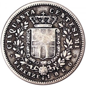 Włochy, Królestwo Włoch, Vittorio Emanuele II Re Eletto Król elekcyjny (1859-1861), 50 Centesimi 1860, Florencja