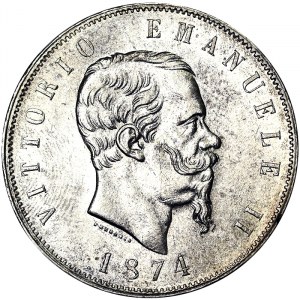 Włochy, Królestwo Włoch, Vittorio Emanuele II (1861-1878), 5 lirów 1874, Mediolan