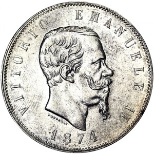 Italie, Royaume d'Italie, Vittorio Emanuele II (1861-1878), 5 Lire 1874, Milan