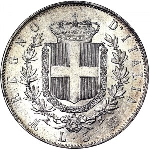 Włochy, Królestwo Włoch, Vittorio Emanuele II (1861-1878), 5 lirów 1874, Mediolan