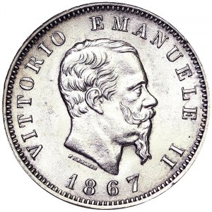 Italia, Regno d'Italia, Vittorio Emanuele II (1861-1878), 1 lira 1867, Milano