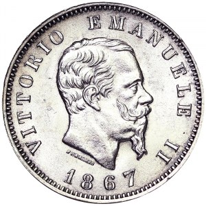 Włochy, Królestwo Włoch, Vittorio Emanuele II (1861-1878), 1 lira 1867, Mediolan