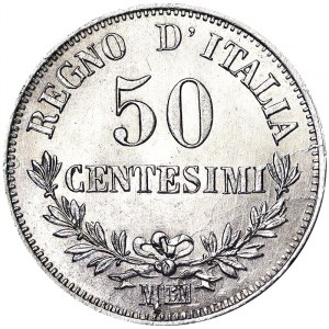 Itálie, Italské království, Vittorio Emanuele II (1861-1878), 50 Centesimi 1867, Milán