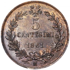 Italie, Royaume d'Italie, Vittorio Emanuele II (1861-1878), 5 Centesimi 1861, Milan