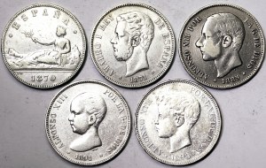 Spanien, Königreich, 5 Peseten Los 5 Stk. Silber