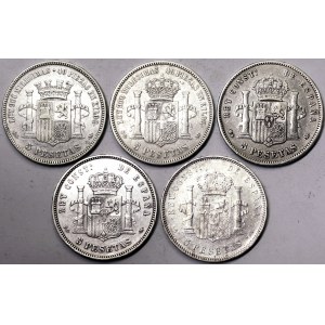 Spagna, Regno, 5 Pesetas Lotto 5 pezzi. Argento