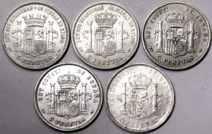 Spanien, Königreich, 5 Peseten Los 5 Stk. Silber