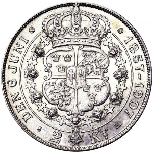 Sweden, Kingdom, Oscar II (1872-1907), 2 Kronor 1907
