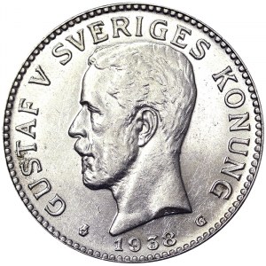 Švédsko, Království, Gustav V. (1907-1950), 2 koruny 1938