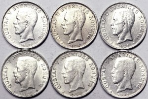 Szwecja, Królestwo, Gustaw V (1907-1950), 1 korona, lot 6 szt.