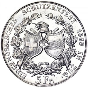 Suisse, Confédération suisse (1848-date), 5 Francs 1869, Berne