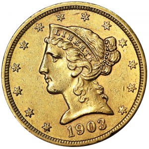 Stati Uniti, 5 dollari (testa della Libertà) 1903, San Francisco