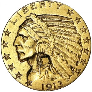 Spojené štáty, 5 dolárov (Indiánska hlava) 1913, Phildelphia