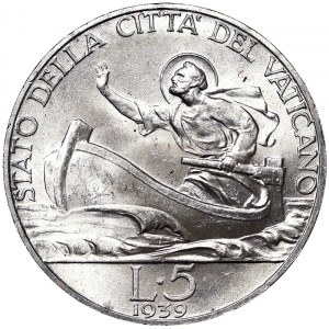 Cité du Vatican (1929-date), Pie XII (1939-1958), 5 Lire 1939, Rome