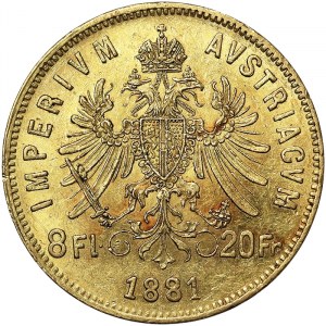 Austria, Austro-Hungarian Empire, Franz Joseph I (1848-1916), 8 Gulden (20 Francs) 1881, Vienna