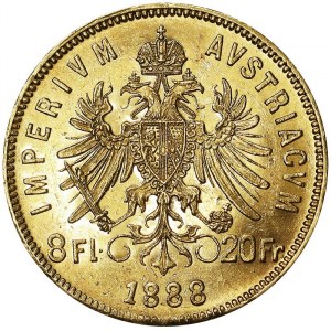 Austria, Cesarstwo Austro-Węgierskie, Franciszek Józef I (1848-1916), 8 Gulden (20 franków) 1888, Wiedeń