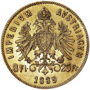 Rakúsko, Rakúsko-Uhorsko, František Jozef I. (1848-1916), 8 guldenov (20 frankov) 1889, Viedeň