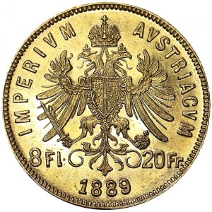 Rakousko, Rakousko-Uhersko, František Josef I. (1848-1916), 8 zlatých (20 franků) 1889, Vídeň