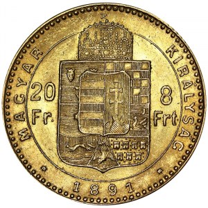 Austria, Austro-Hungarian Empire, Franz Joseph I (1848-1916), 8 Forint 1891, Kremnitz