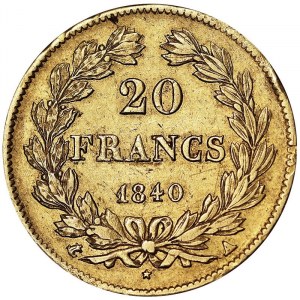 Francie, Ludvík Filip I. (1830-1848), 20 franků 1840, A Paris