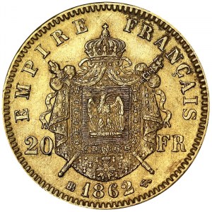 Francia, Napoleone III (1852-1870), 20 franchi 1862, BB Strasburgo