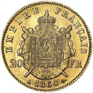 France, Napoleon III (1852-1870), 20 Francs 1864, A Paris