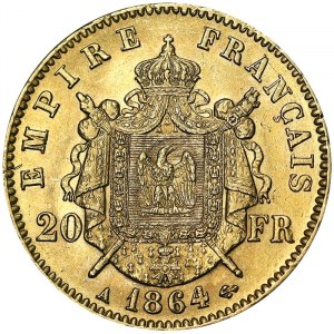 Francie, Napoleon III (1852-1870), 20 franků 1864, A Paris