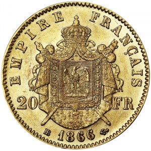 Francja, Napoleon III (1852-1870), 20 franków 1866, BB Strasburg