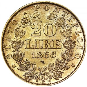 États italiens, Rome (État pontifical), Pie IX (1866-1870), 20 Lire 1868, Rome