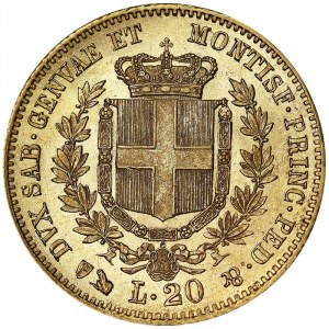 Włochy, Królestwo Sardynii (1324-1861), Vittorio Emanuele II (1849-1861), 20 lirów 1858, Genua