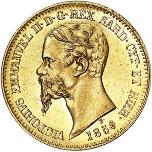 Italie, Royaume de Sardaigne (1324-1861), Vittorio Emanuele II (1849-1861), 20 Lire 1859, Gênes