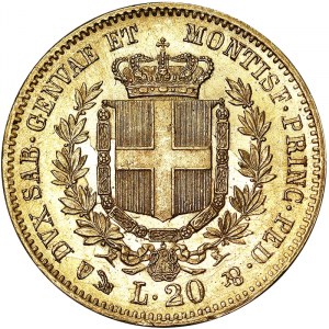 Italie, Royaume de Sardaigne (1324-1861), Vittorio Emanuele II (1849-1861), 20 Lire 1859, Gênes