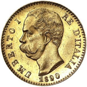 Taliansko, Talianske kráľovstvo, Umberto I. (1878-1900), 20 Lire 1890, Rím