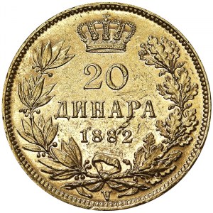Serbia, Kingdom, Milan Obrenovich IV (1868-1889), 20 Dinara 1882