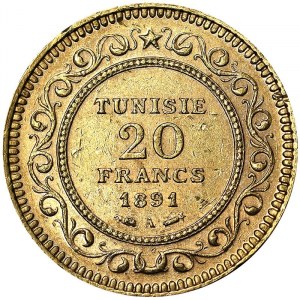 Tunisia, French Protectorate, Ali Bey (1301-1321 AH) (1882-1902 AD), 20 Francs 1902