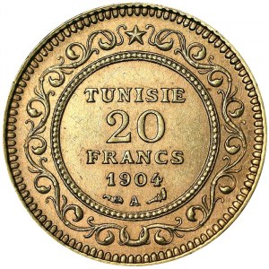 Tunezja, francuski protektorat, Muhammad IV Al-Hadi (1321-1325 AH) (1902-1906 AD), 20 franków 1904