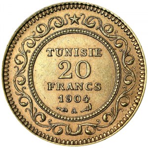 Tunisia, French Protectorate, Muhammad IV Al-Hadi (1321-1325 AH) (1902-1906 AD), 20 Francs 1904