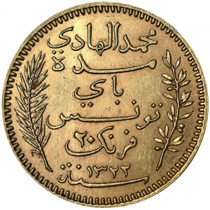 Tunisia, French Protectorate, Muhammad IV Al-Hadi (1321-1325 AH) (1902-1906 AD), 20 Francs 1904