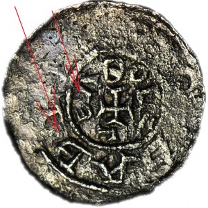 RR-, Boleslav III Krzywousty 1107-1138, denár, biskup a rytíř, dvojitý nápis na rubové straně