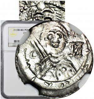 RRR-, Władysław II Wygnaniec 1138-1146, Denar, Biskup w ozdobnym nakryciu głowy z POMPONEM