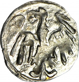 Sliezsko, Juraj z Podiebradu 1454-1462, Halerz bez dátumu, lev/orlica, mincovňa, R5, dlhé a tenké orlie perá