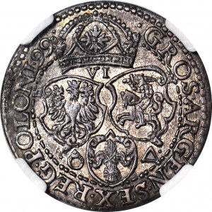 R-, Sigismond III Vasa, Sixpence 1599, Malbork, grande tête, rare, tirage