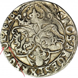 RR-, Sigismondo III Vasa, Sixpence 1626, Cracovia, PO(O)L trafitto in legenda