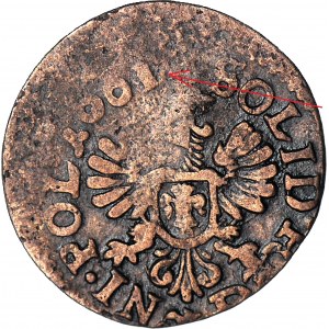 RR-, John Casimir, Crown Shilling 166D/1, Cracow, 0 pierced to 1, giving the effect of the letter D