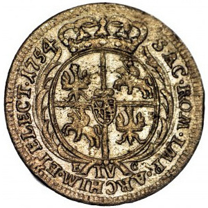 RR-, Augustus III Sas, šestý (čtyřnásobný) 1754, s číslicí IV místo VI