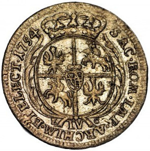 RR-, Augustus III Sas, šestý (čtyřnásobný) 1754, s číslicí IV místo VI