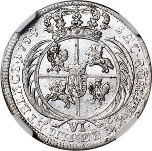 R-, Augusto III sassone, sei pence 1754, Lipsia, raro busto insolito