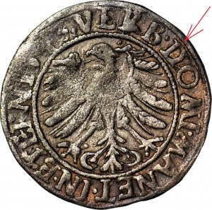 RR-, Śląsk, Księstwo Legnicko-Brzesko-Wołowskie, Fryderyk II, Grosz 1543 data po lewej, Brzeg, przebitka (ID) na DOMI