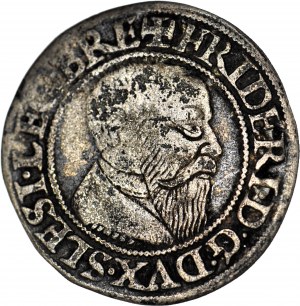 R-, Slesia, Federico II, Penny 1543, Brzeg, mento largo
