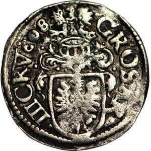 R-, Slesia, Ducato di Cieszyn, Adam Waclaw, 3 krajcary 1608, testa grande, Cieszyn, senza bordo al rovescio